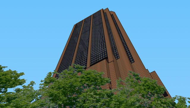 Photograph of the real 3 Park Avenue tower, its angled brick crown rising above street trees