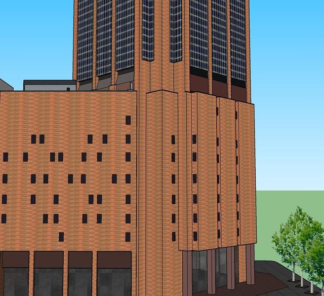 SketchUp model of the tower's brick base and setbacks seen from street level