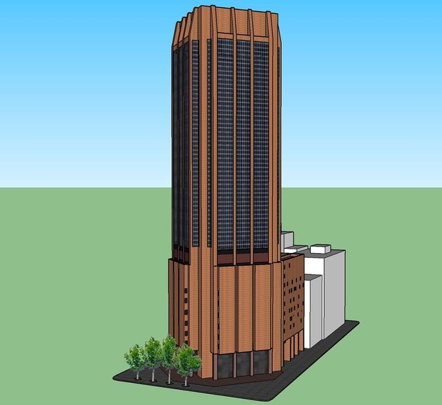 SketchUp model of the full tower and its lower annexe on a green ground plane