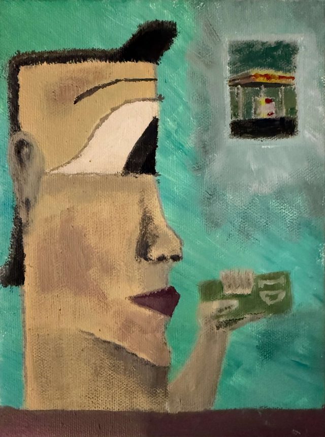 Painting of a figure in profile against a turquoise ground, one hand raised toward a small framed window