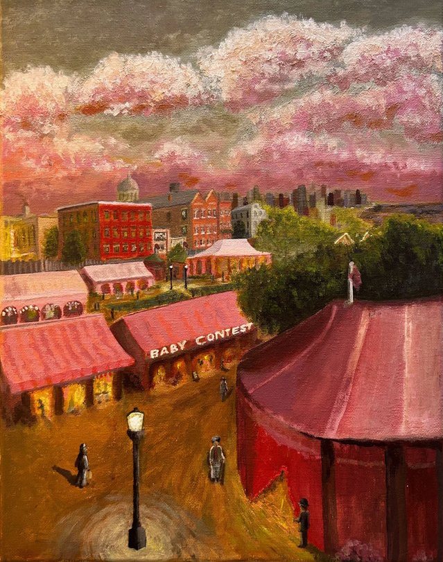 Painting of a street corner at dusk under a canopy of pink blossom, with a lit awning reading BABY CONTEST