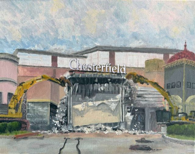 Painting of the Chesterfield Mall entrance mid-demolition, an excavator tearing into the arched facade