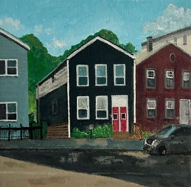 Painting of a black clapboard two-flat between brick neighbors on a Pilsen street under a bright sky