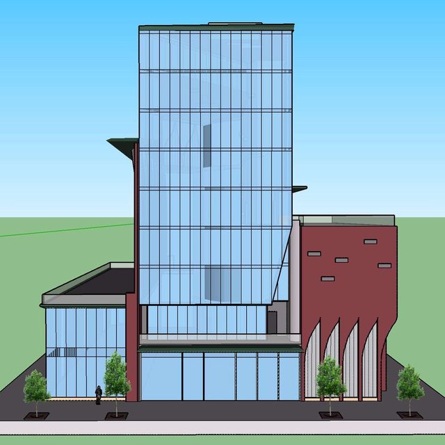 SketchUp model of a glass tower rising behind a red masonry base with pointed arches