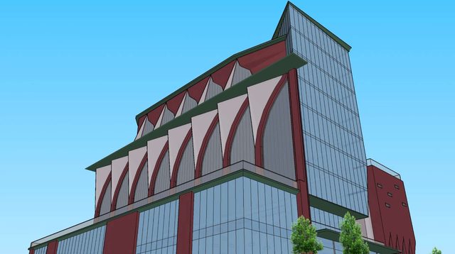 Detail of the model's red gabled crown meeting the glass curtain wall