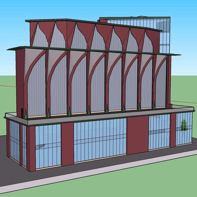 Long elevation of the arcaded base with the glass tower set back behind it
