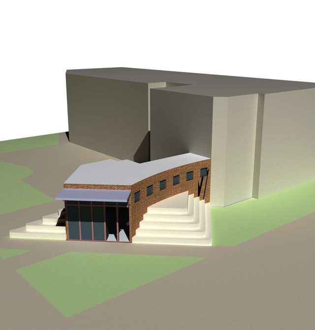Digital model showing the brick pavilion with its stepped entrance tucked against a large blank wall