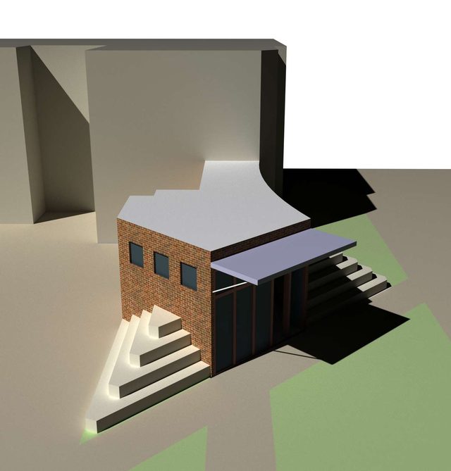 Digital model from the opposite corner showing the canopy and stair