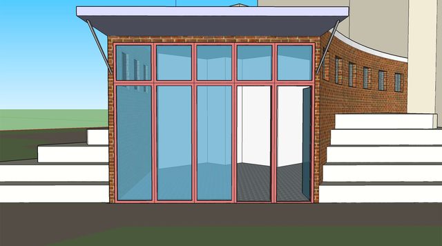 Colored elevation of the pavilion with tall red-framed windows under a projecting roof