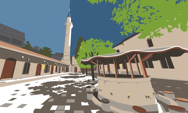 Flat vector illustration of a sunlit pedestrian street with a minaret in the distance and an awning over a shopfront