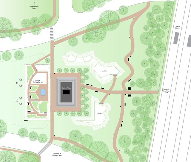 Color site plan of the Midway Plaisance showing paths, tree planting and the rectangular footprint of the proposed building
