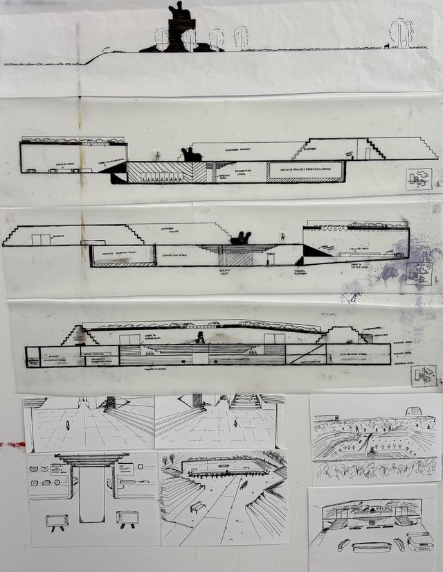 Sheet of hand-drawn sections and elevations through the terraced site