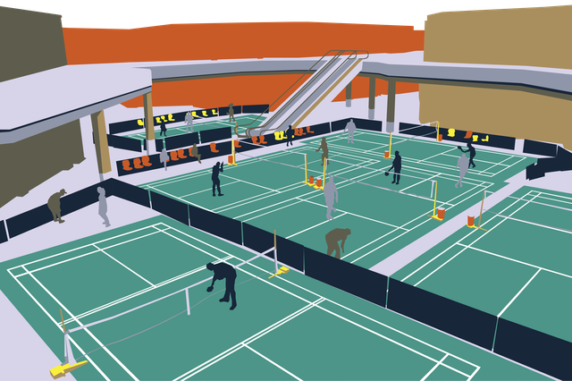 Vector illustration looking down onto green pickleball courts inside an orange-walled sports hall