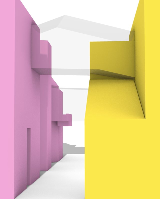 Render looking down a narrow court between a stepped pink wall and a plain yellow one, a white canopy overhead and daylight at the far end