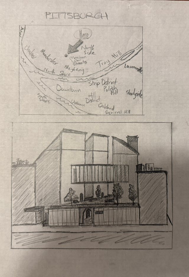 Sketchbook page with a hand-drawn map of Pittsburgh’s rivers and neighborhoods above a pencil perspective of the entrance front