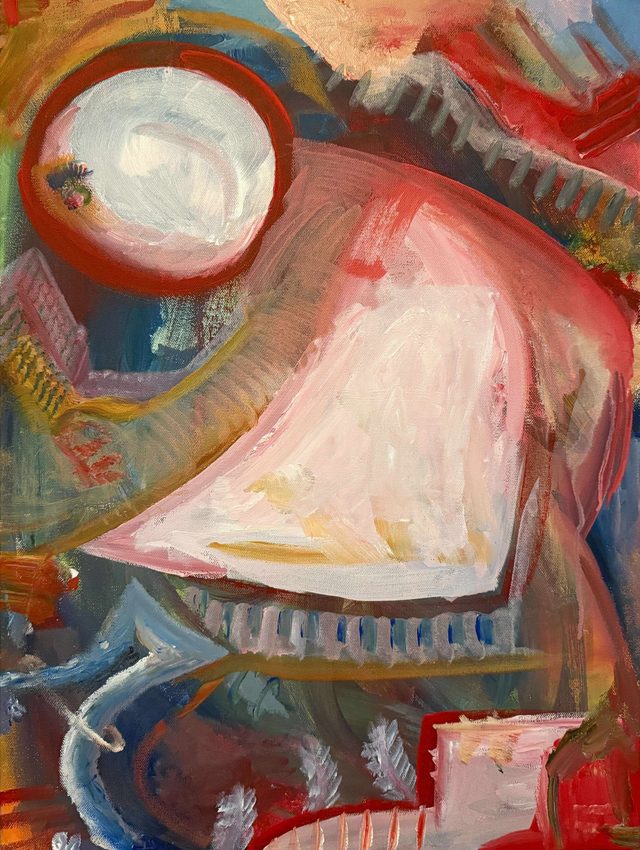 Painting of a pale draped form beneath a large convex mirror, surrounded by red and ochre architectural fragments