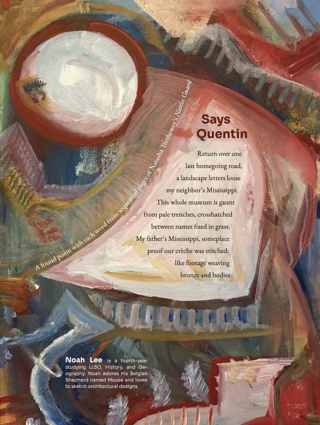 The full spread with the poem ‘Says Quentin’ set in a column beside the painting