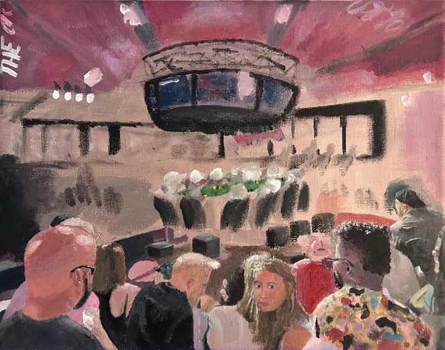 Painting of a crowd of onlookers beneath a glass observation box against a deep pink interior