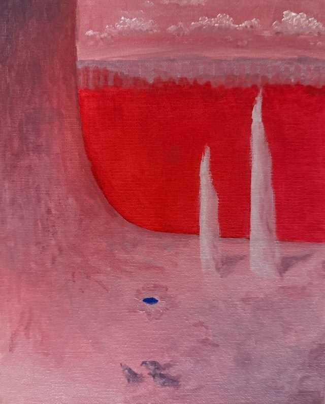 Painting of a deep red field above a pale pink ground with two small white forms