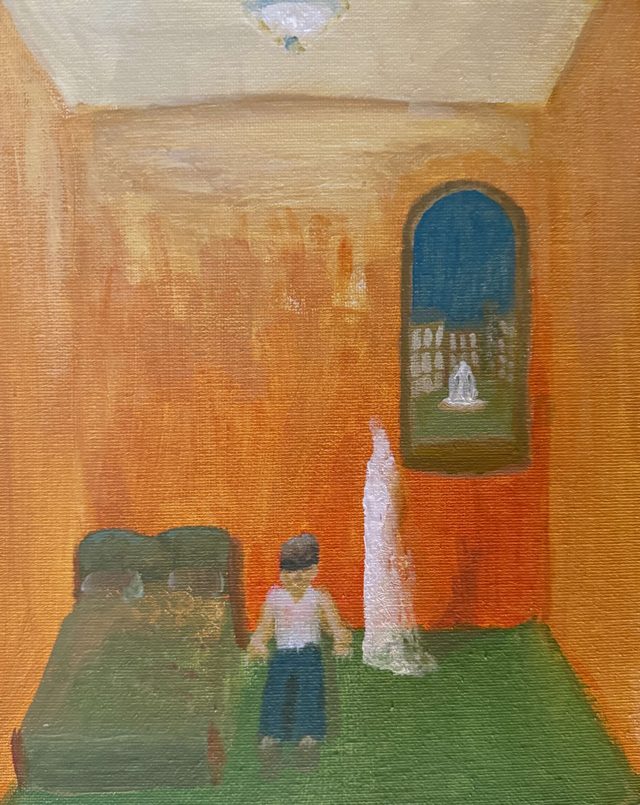 Painting of a small figure standing in an ochre room before an arched window with a white curtain