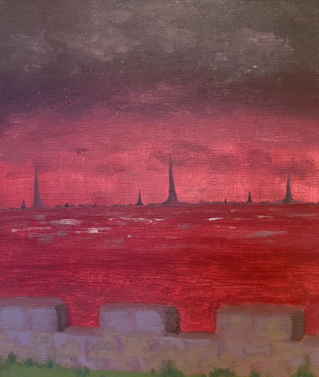 Painting of a dark red sky over a low wall, with faint spires on the horizon